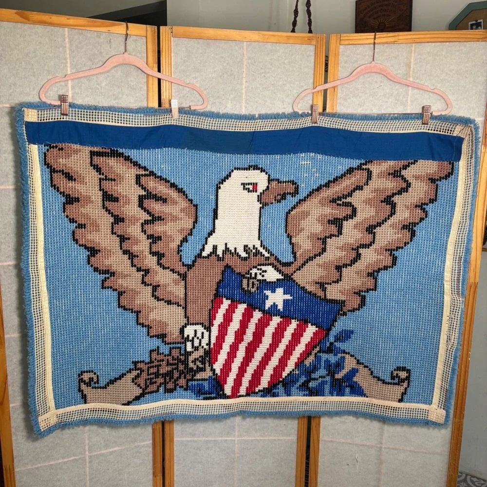 Unbranded Latch Hook Rug 46x33 Blue Patriotic Americana Eagle Shield Wall Art